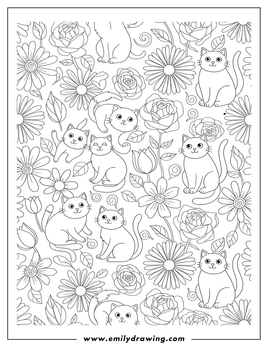Coloring page for kids: cats And Flowers Pattern, multiple cats sitting, lying, and reaching