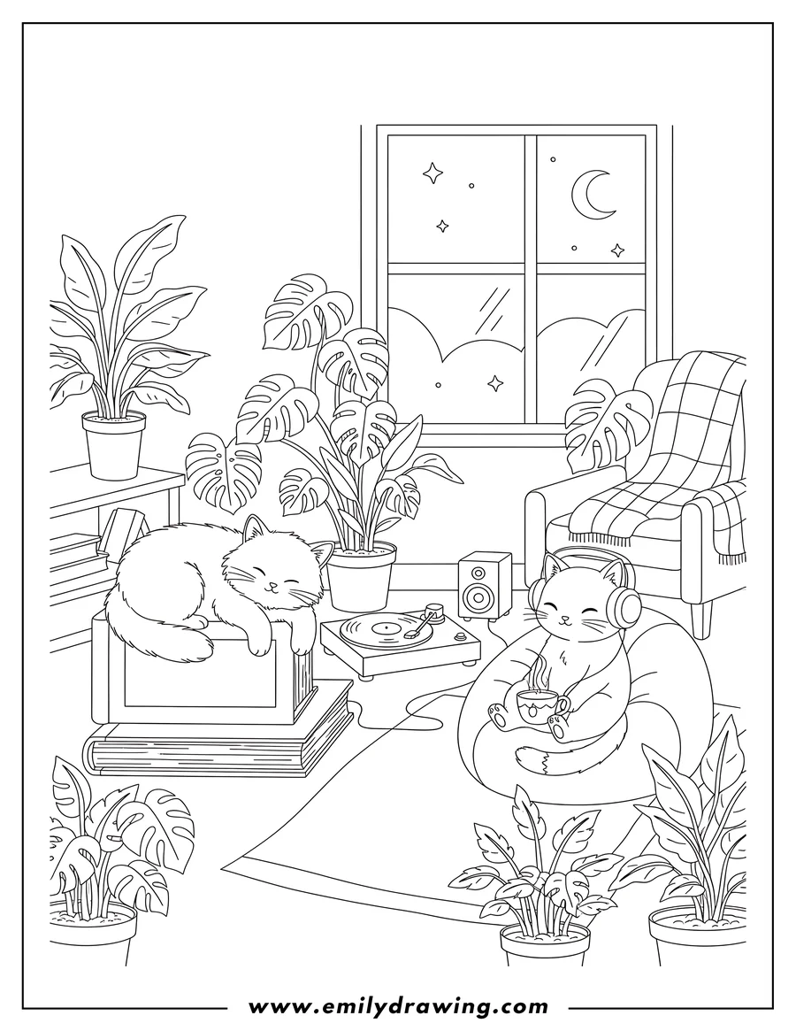 Line art of two cats in a cozy room with houseplants and a record player. One cat is sleeping on books, and the other is sitting in a beanbag chair wearing headphones and holding a mug.