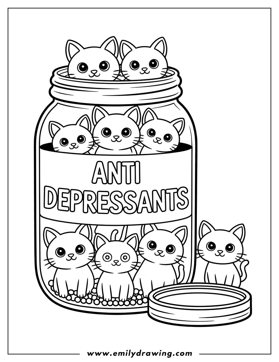 Line art of many cartoon cats inside a large jar labeled 'Anti Depressants', with one cat outside the jar next to the lid.