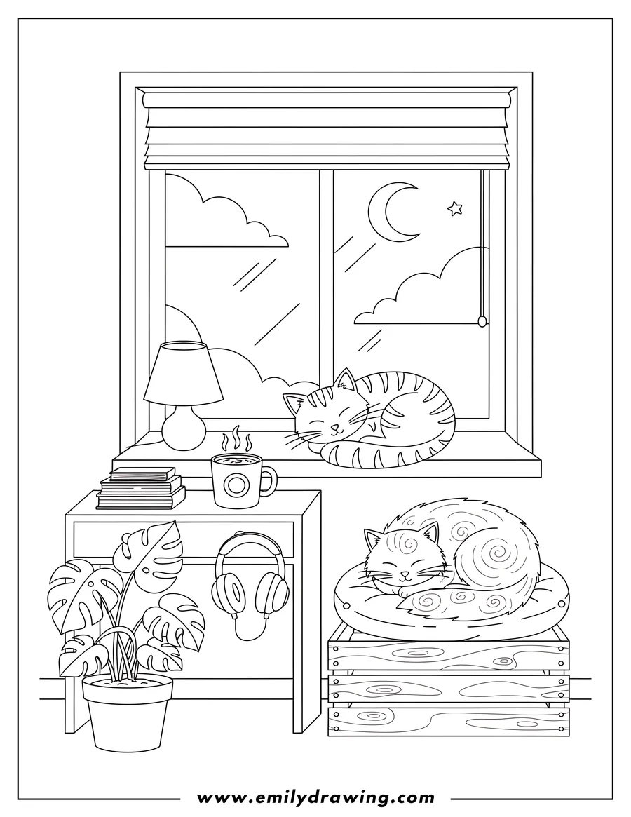 Line art of two cats sleeping peacefully in a room at night. One cat is curled on a window sill next to a lamp and mug, while the other sleeps in a bed on a wooden crate. The window shows the moon and stars.