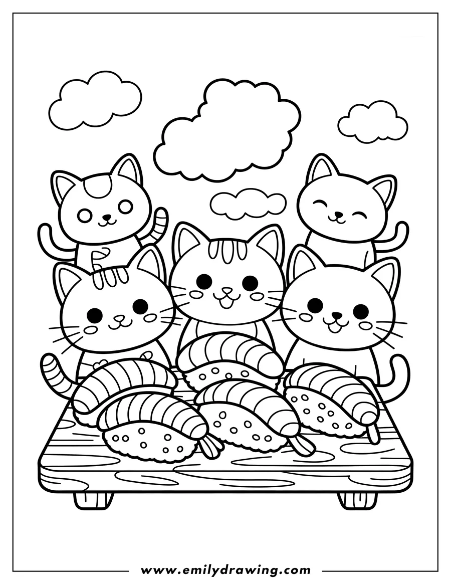 Line art of five cute cats smiling around a sushi board with various sushi pieces, with fluffy clouds in the background.