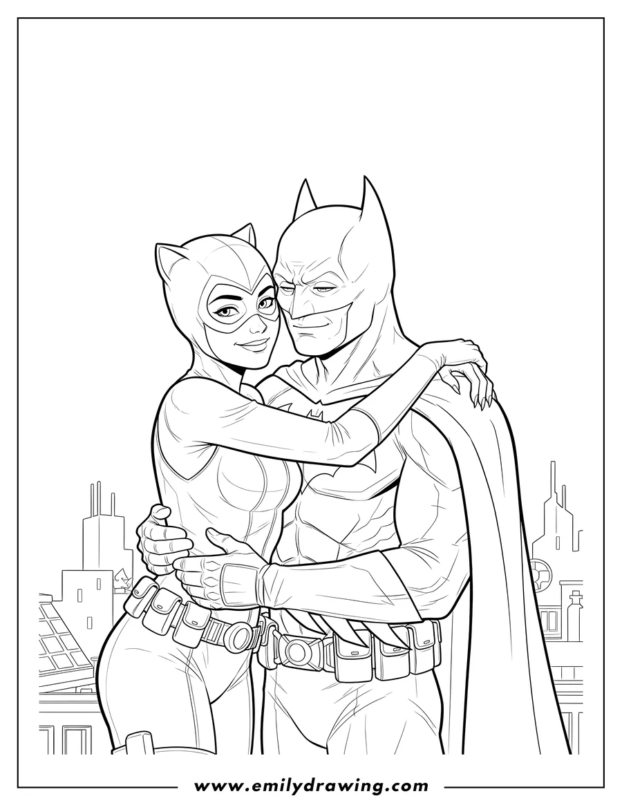Downloadable coloring page of realistic Catwoman Clinging To Batman, embracing
