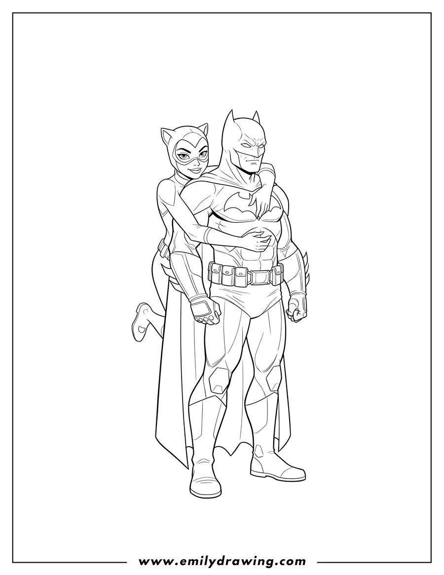 Linear illustration of batman And Catwoman Scaled, with Catwoman hugging Batman from behind and looking forward