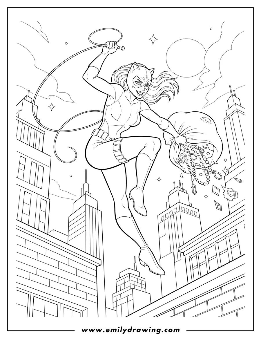 Vector style outline of leaping Catwoman with fierce expression, holding whip and stolen jewelry