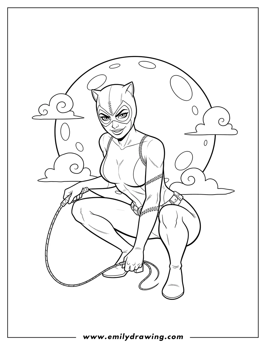 Doodle style coloring picture of catwoman smirking, crouching in her catsuit, with a moon background