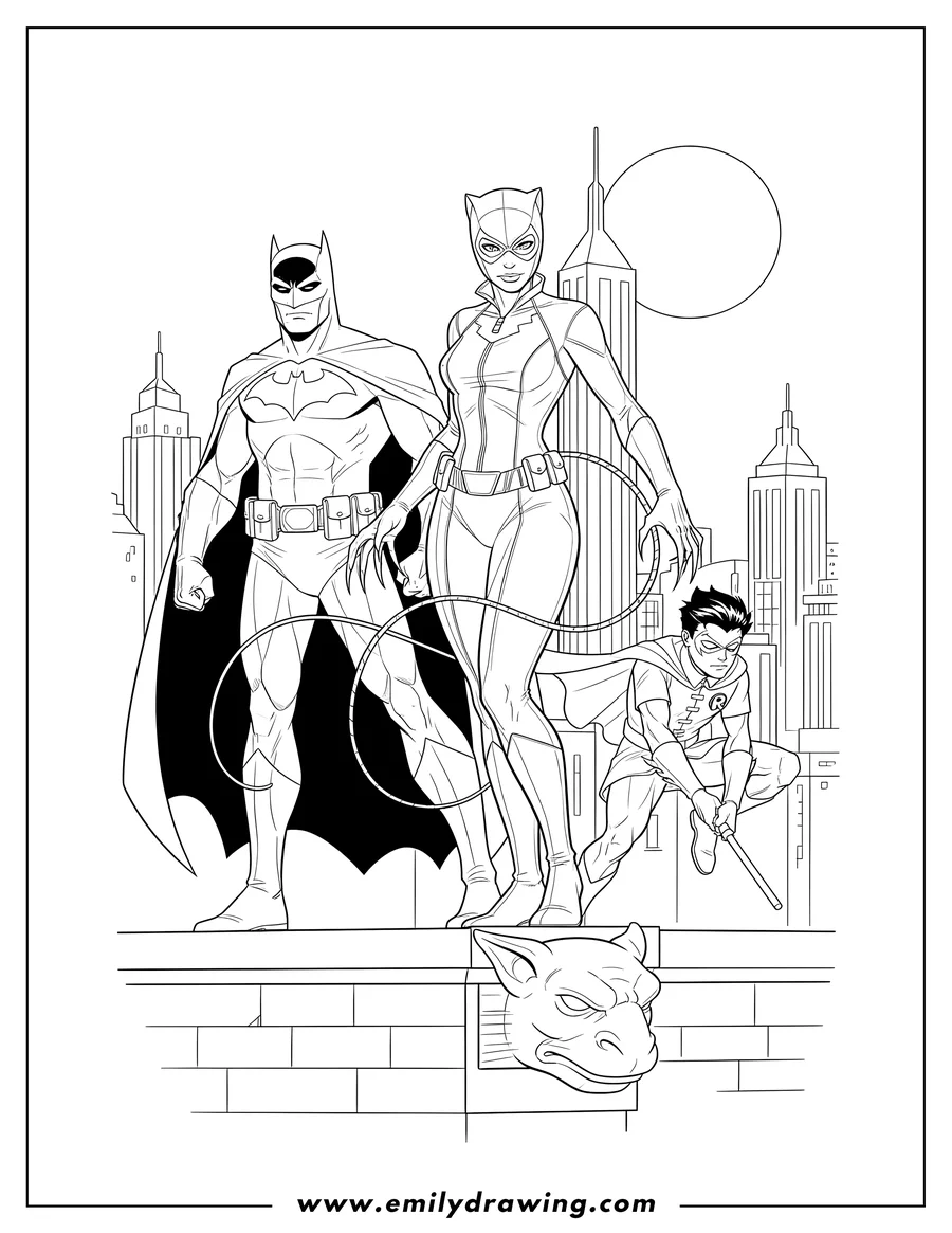 Printable coloring page of catwoman in a dynamic pose with claws, with Batman and Robin ready for action, in the city