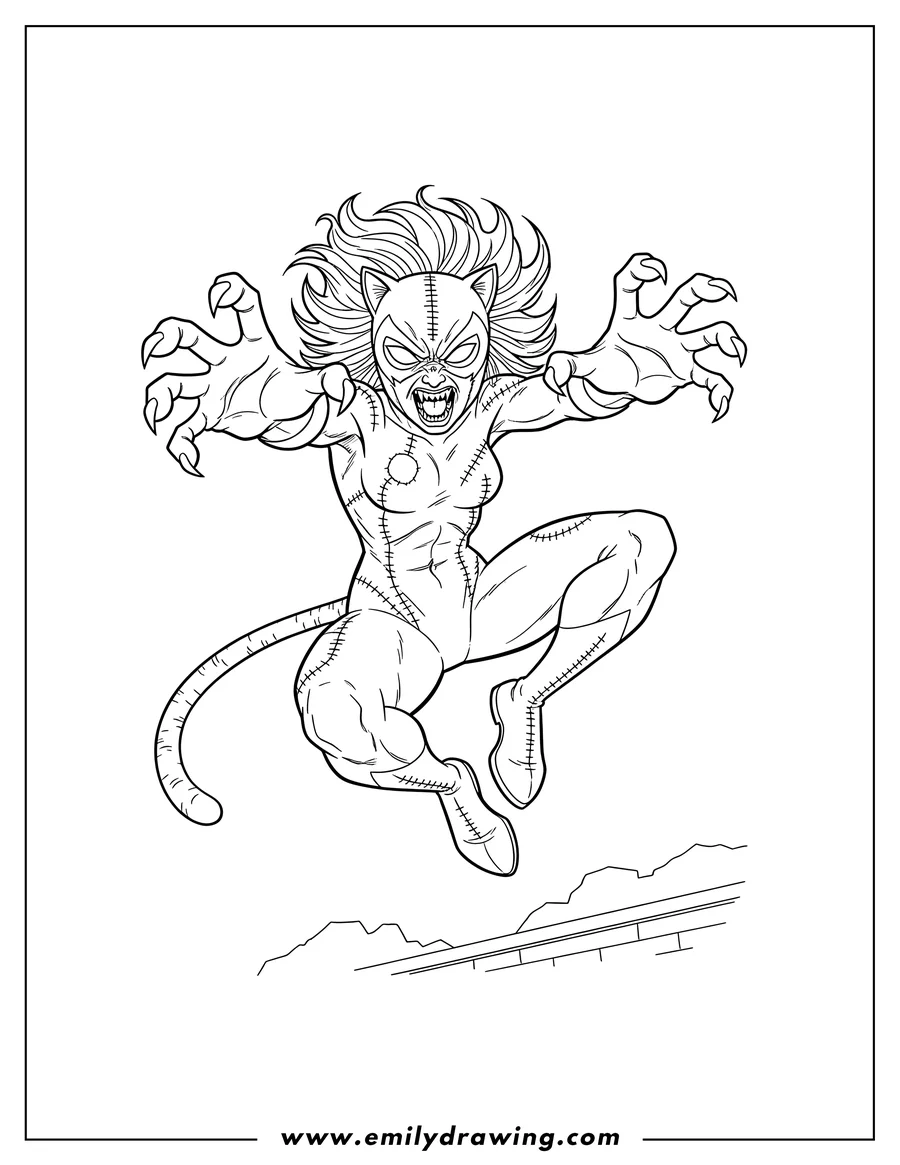 Printable line art of feral Catwoman with Claws Out, jumping and snarling, wearing a cat ears mask