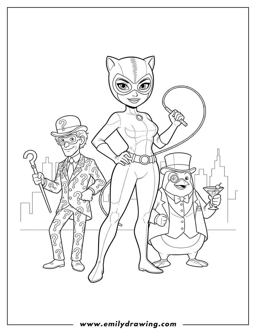 Black and white line art of catwoman holding a whip, with Riddler wearing a question mark suit, and Penguin holding a martini glass