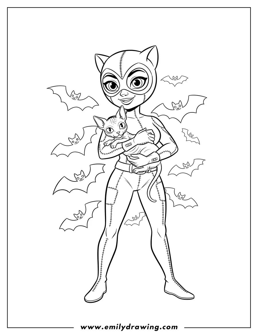High quality printable cartoon Catwoman wearing a goggle mask with stitched details, holding a Sphynx cat, with bats for coloring