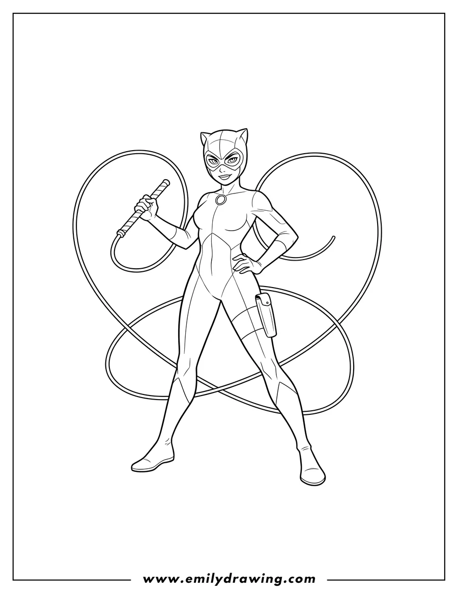 Coloring page of simple Catwoman in her suit and mask, holding a whip that swirls around her