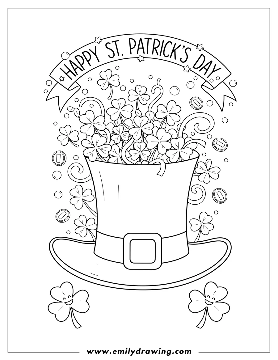 Doodle style coloring picture of celebratory Happy St Patrick S Day with a leprechaun hat and shamrocks
