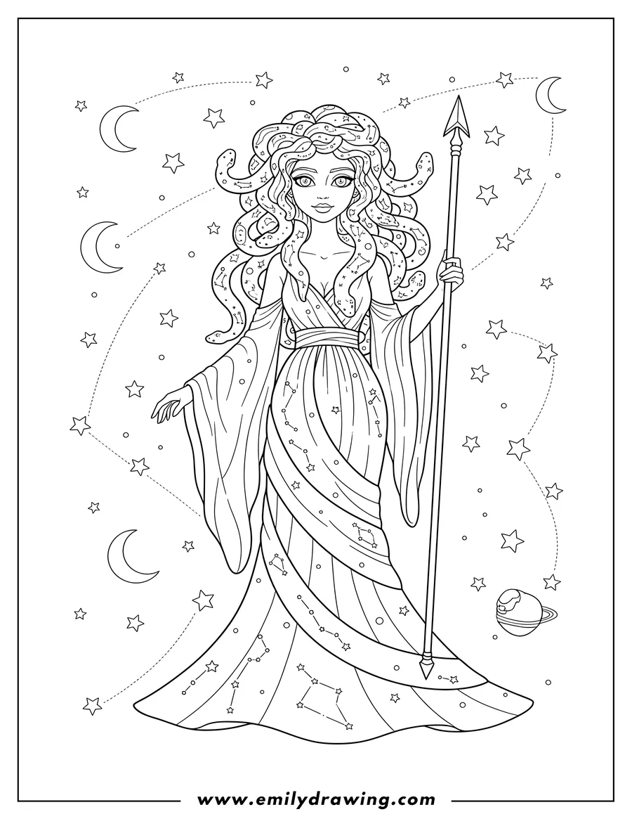 Coloring page of celestial Medusa, a woman in a flowing gown with snakes for hair forming constellations, holding an arrow staff, under a starry sky