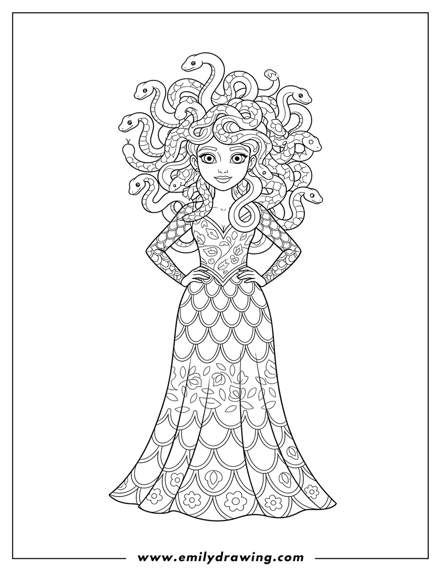 Printable coloring page of celia To Color Scaled, standing with hands on hips, wearing a dress, and with snake hair