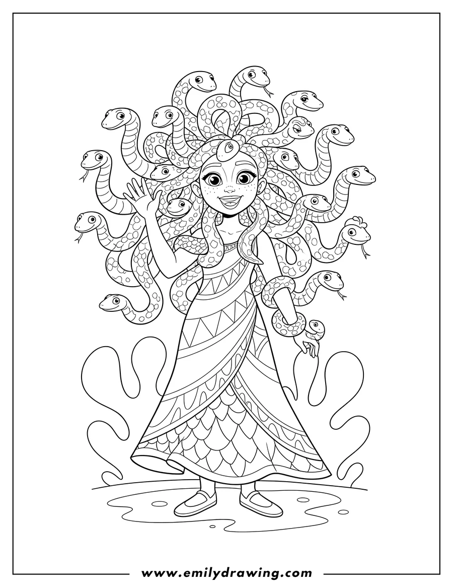 Linear illustration of celia With Snake Hair Scaled, Smiling and Waving