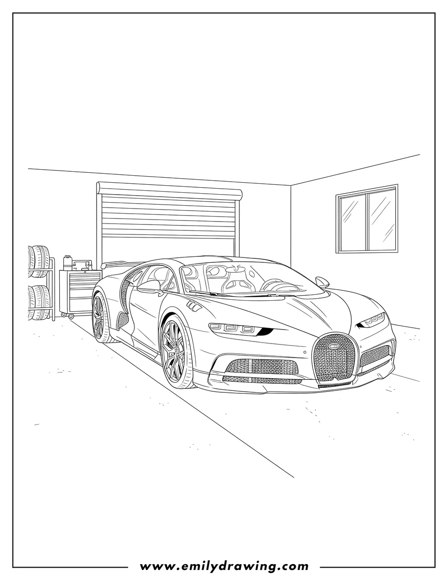 Coloring page of bugatti Centodieci parked inside a garage, front 3/4 view, line art coloring page