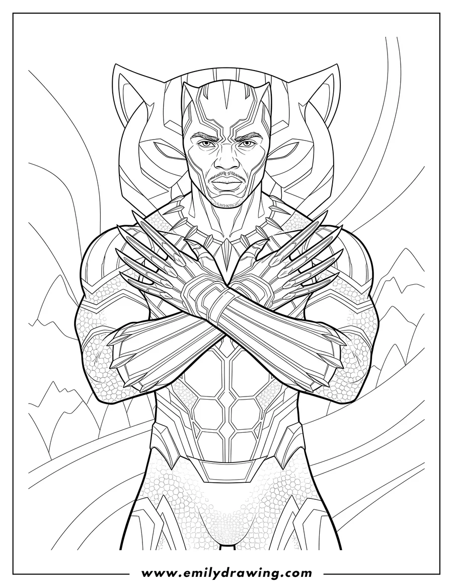 Coloring page for kids: chadwick Boseman as Black Panther in his scaled suit, with his face visible, arms crossed, and claws extended
