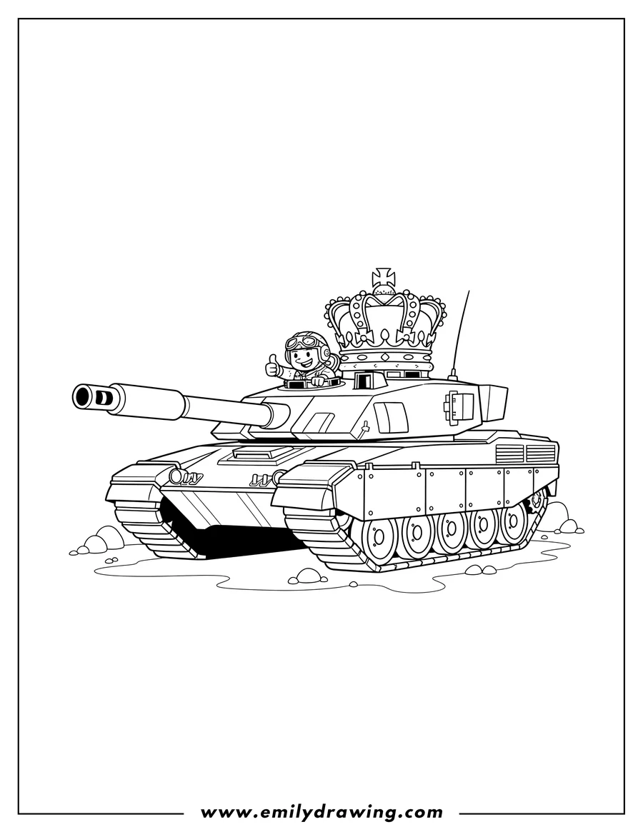 Free printable coloring sheet of challenger 2 British Tank with a gunner and a crown on its turret, on uneven ground