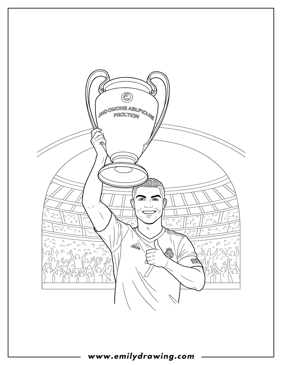 Full page coloring image of smiling Ronaldo holding the Champions League trophy