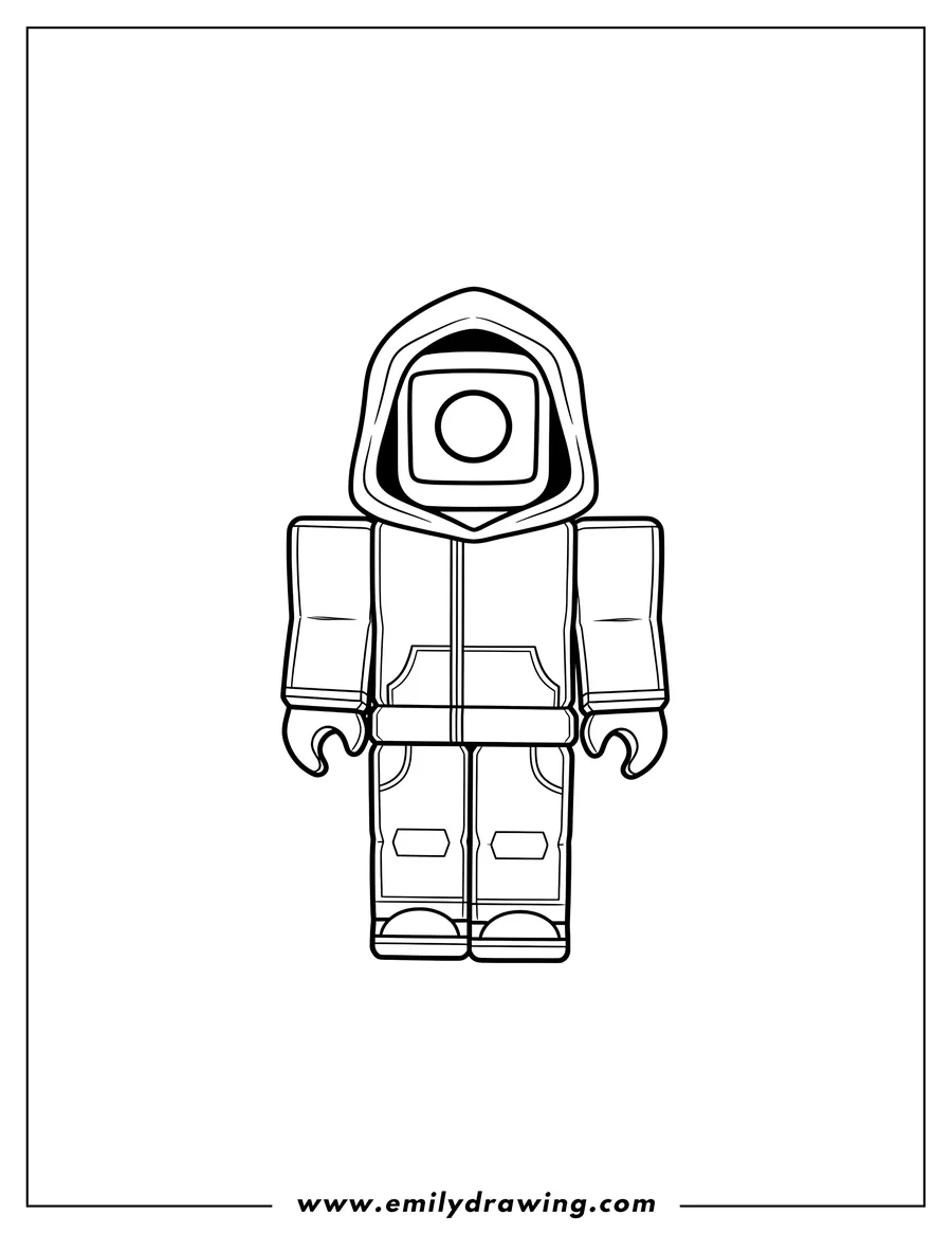 Printable coloring page of roblox blocky character in Squid Game costume with square mask, standing