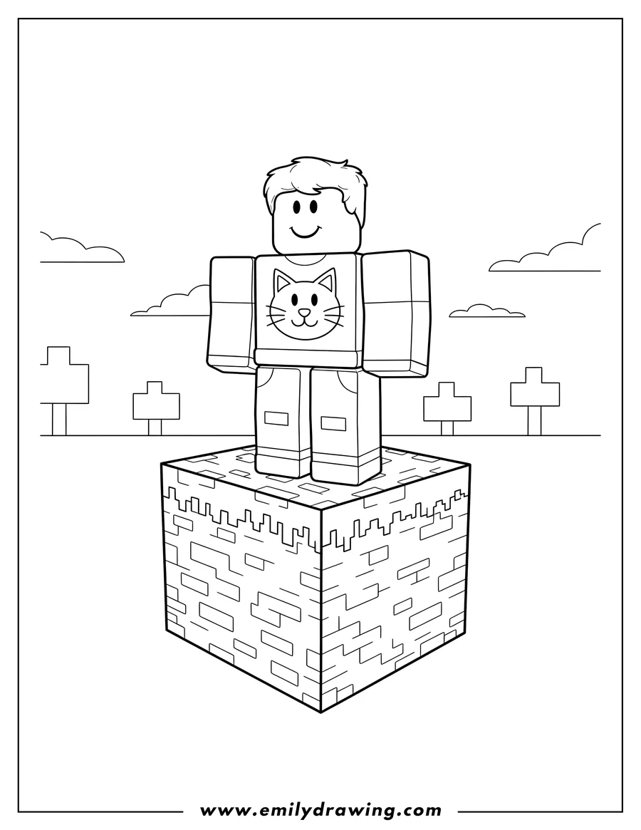 High quality printable roblox character with a cat shirt standing on a Minecraft block for coloring