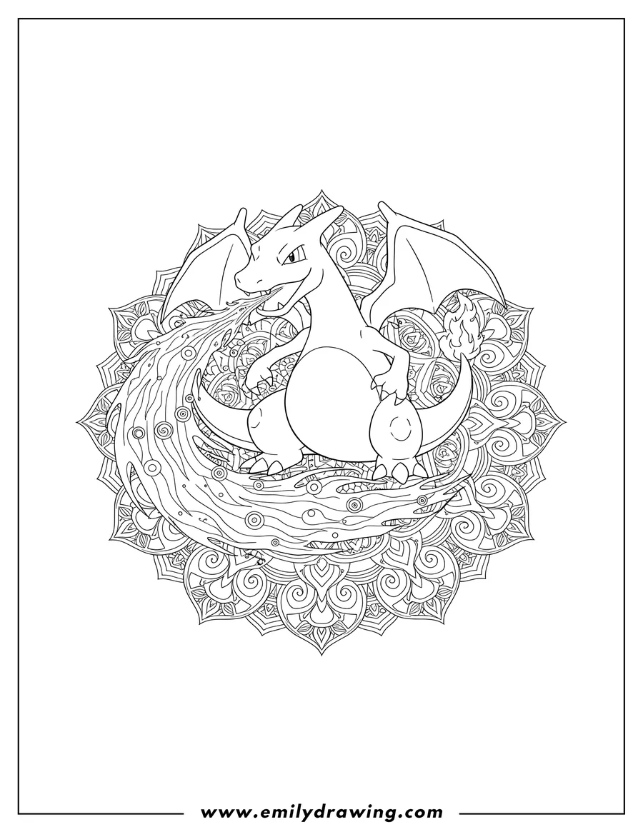 Linear illustration of charizard sitting and breathing fire mandala