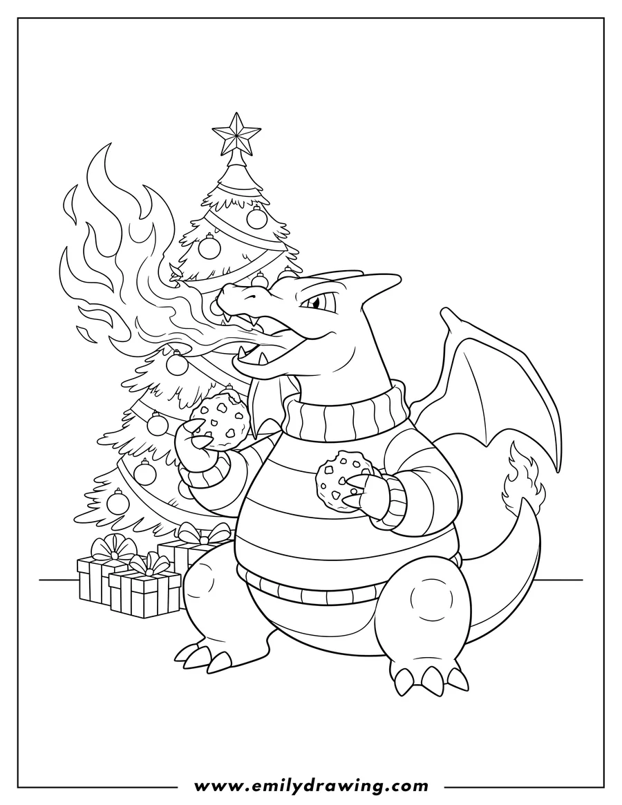Free printable coloring sheet of charizard wearing a striped sweater, eating cookies with fire from its mouth, in front of a Christmas tree