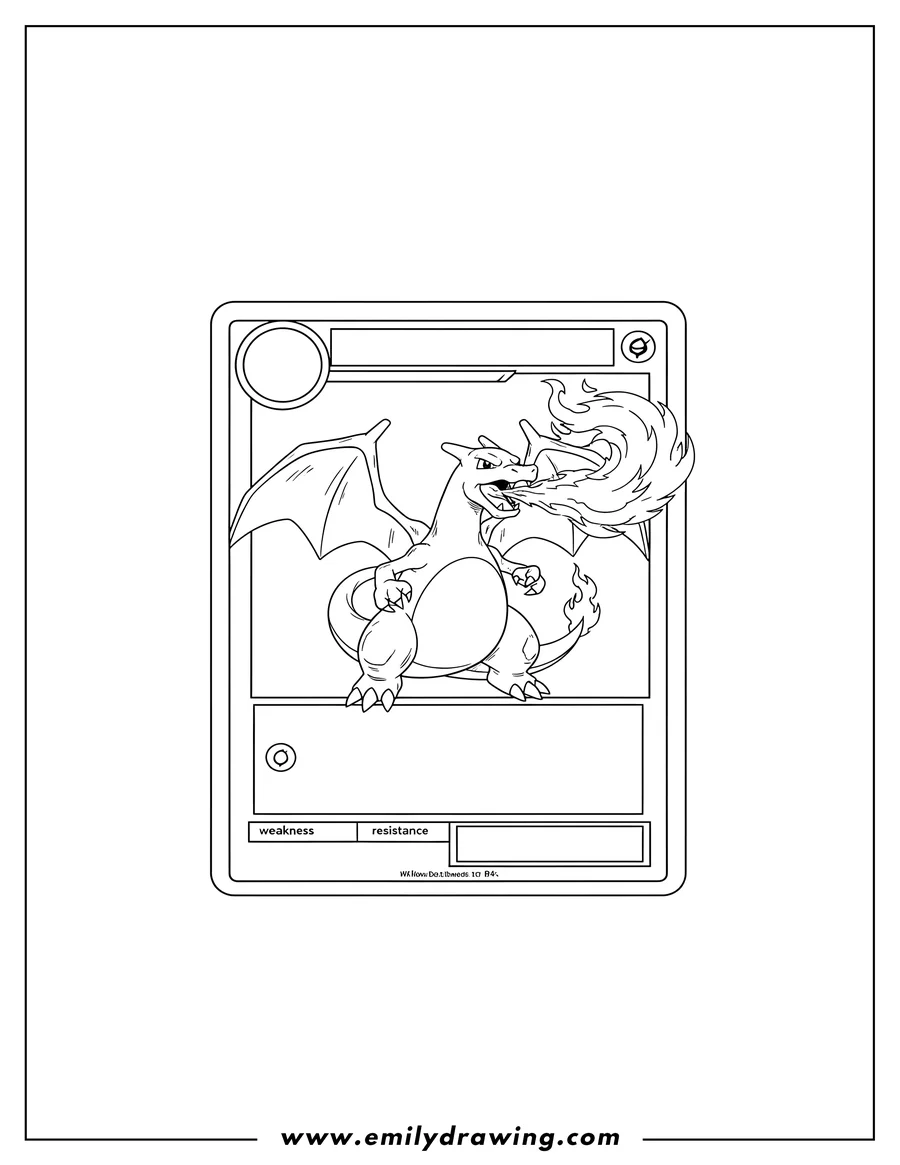 Printable coloring page of charizard Pokemon Card with Charizard breathing fire