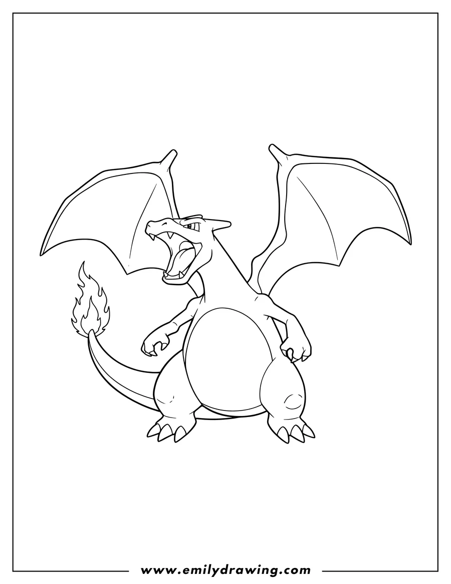 PDF style coloring page: charizard Poster roaring with spread wings and fire on its tail