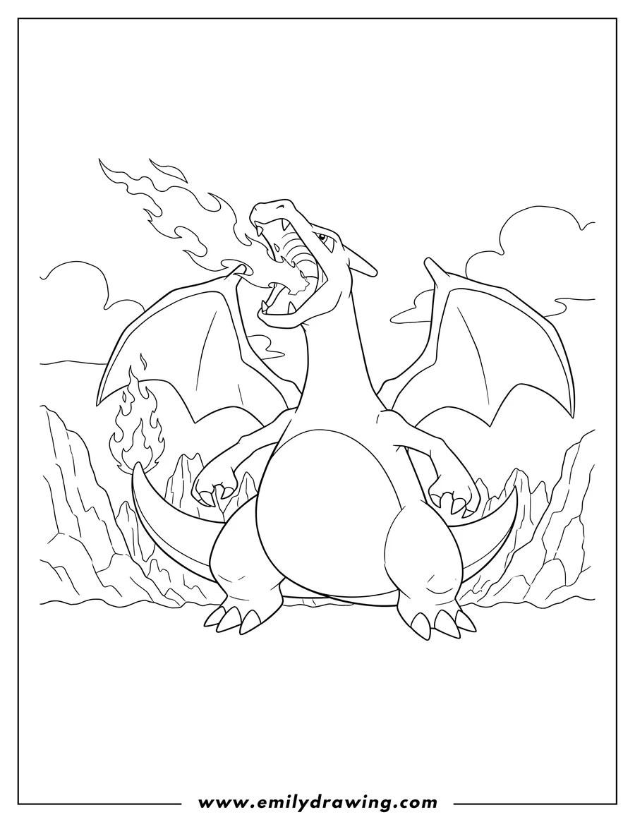 PDF style coloring page: charizard from Pokemon, roaring with fire on its tail