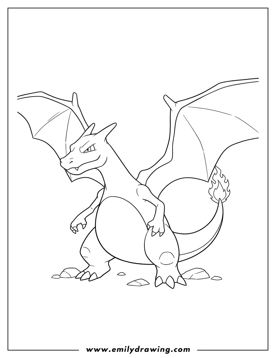Downloadable coloring page of charizard standing with its wings spread