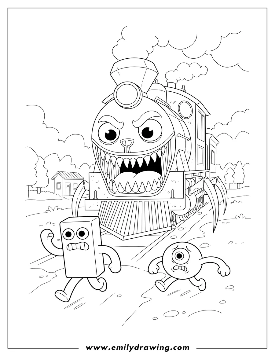 PDF style coloring page: choo Choo Charles with sharp teeth chasing two Rainbow Friends running away