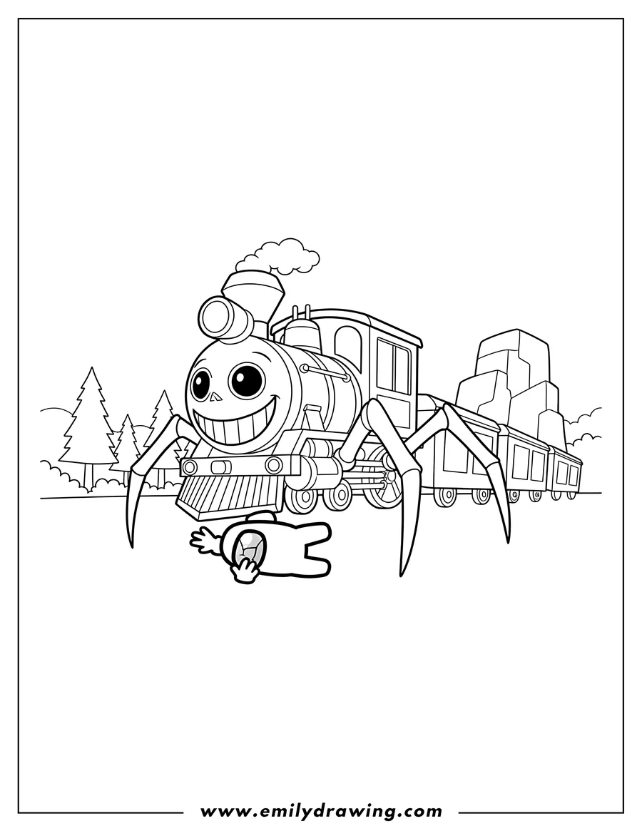 Coloring page of monstrous spider train Choo Choo Charles preying on a fallen Among Us Crewmate with a raised hand