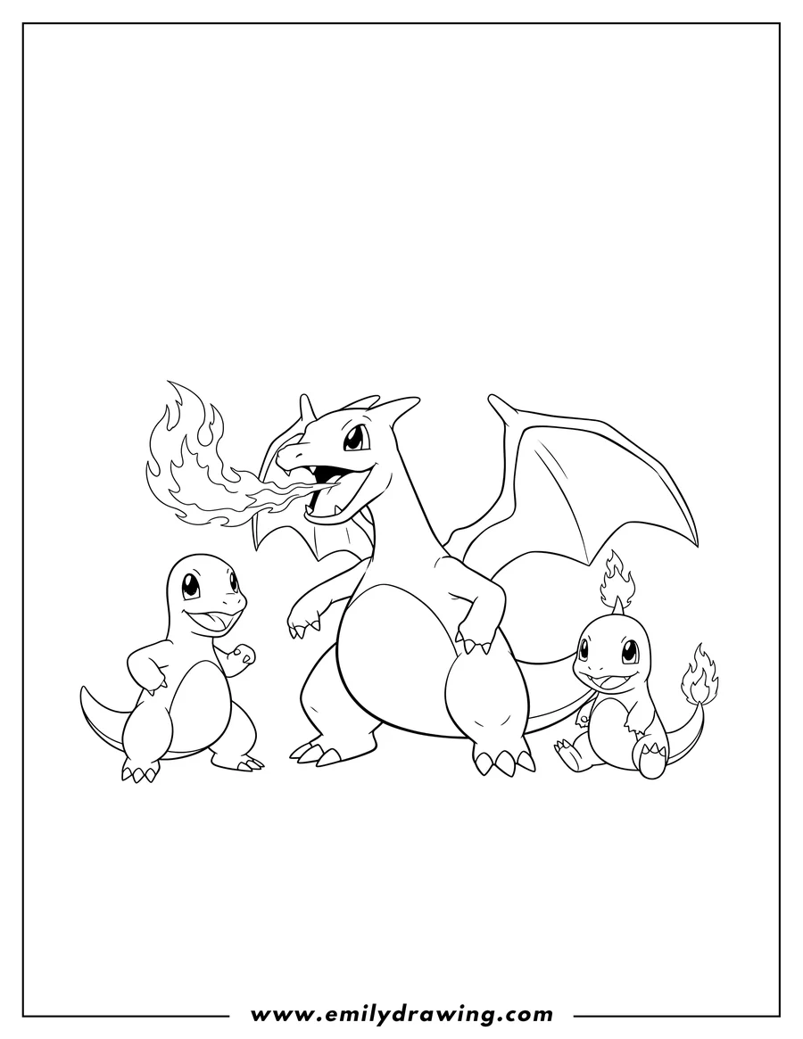 Linear illustration of charmander, Charmeleon, and Charizard Evolution, with Charizard breathing fire and all three grinning