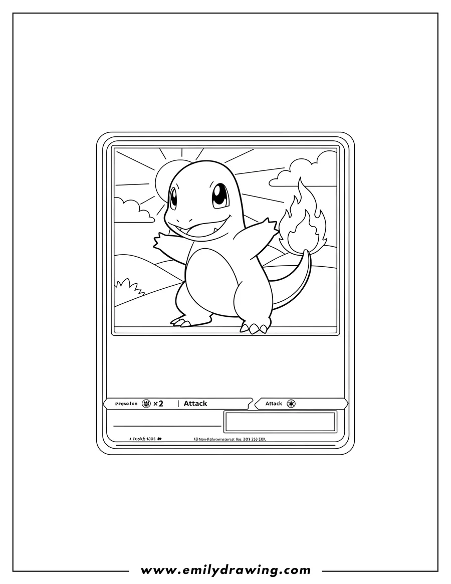 Clean line drawing: charmander Pokemon Card with Charmander standing, flame on tail
