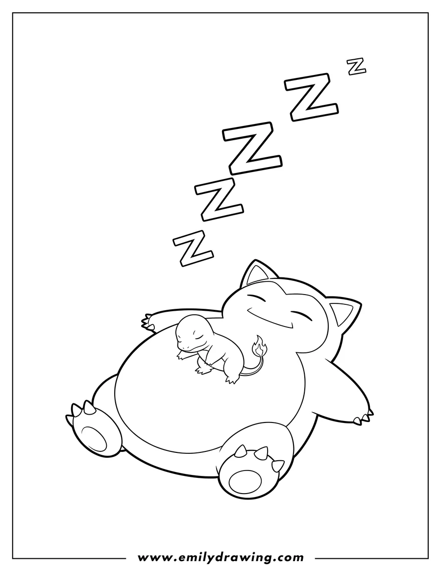 Coloring page for kids: charmander sleeping on Snorlax's belly, Snorlax on its back, with Zzzzz