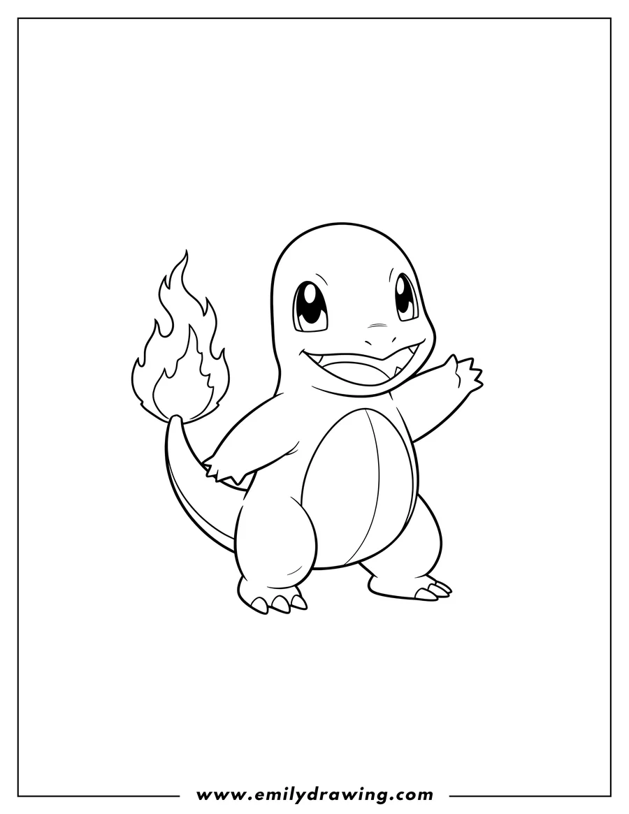 Free printable coloring sheet of charmander Smiling, standing with flame on tail