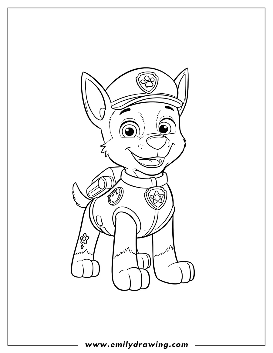 Black and white line art of paw Patrol's Chase smiling, wearing his police hat and badges