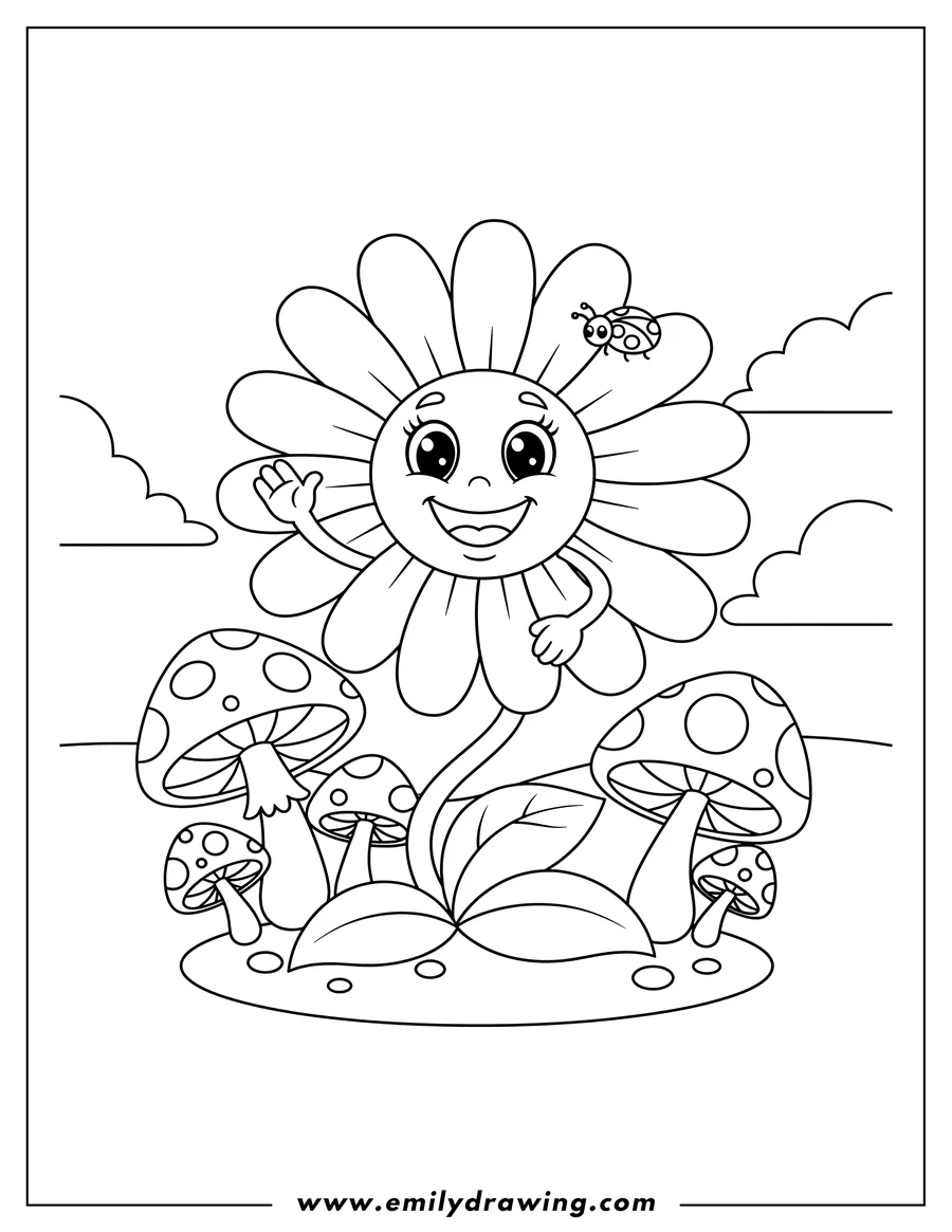 Linear illustration of cheerful Cartoon Daisy with a smiling face growing among spotted mushrooms