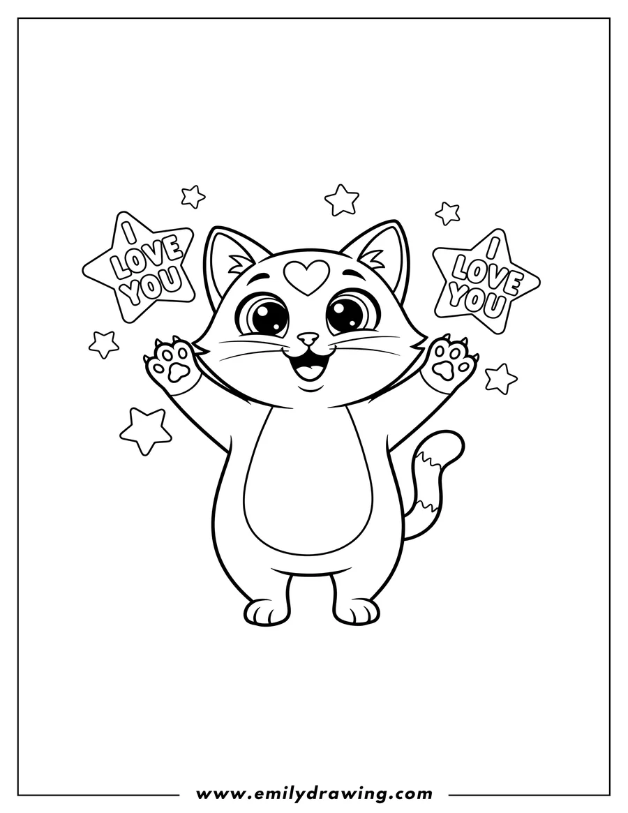 Linear illustration of cheerful Cat With Big Eyes, a heart on its head, and an open, smiling mouth, with Raised Paws And Floating Stars Holding I Love You