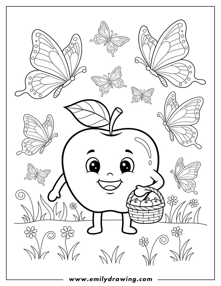 Simple sketch of cheerful cute apple with leaves, holding a basket, in a butterfly field, for preschoolers to color