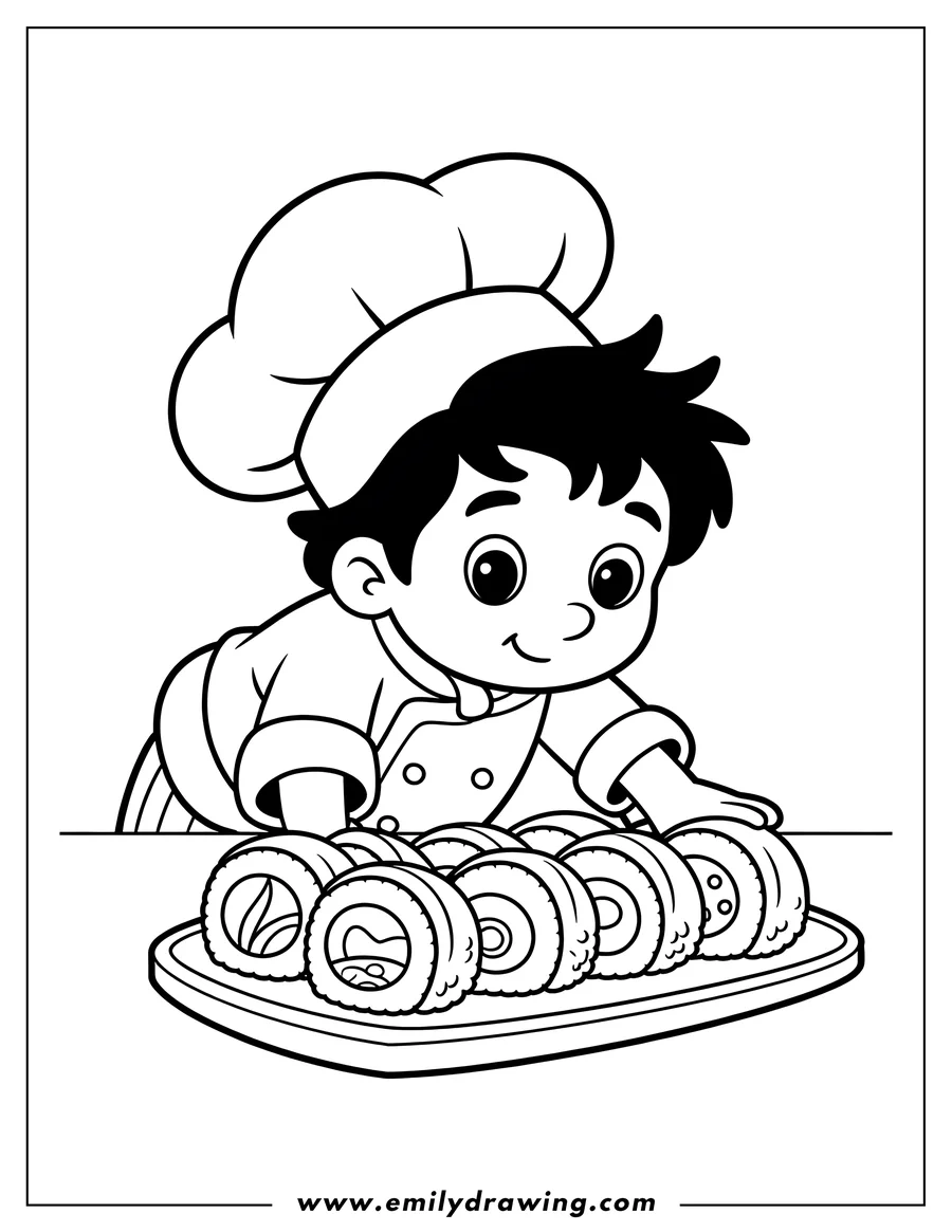 Outline of a cartoon boy dressed as a chef, wearing a chef hat and jacket, looking down at a tray of sushi rolls.
