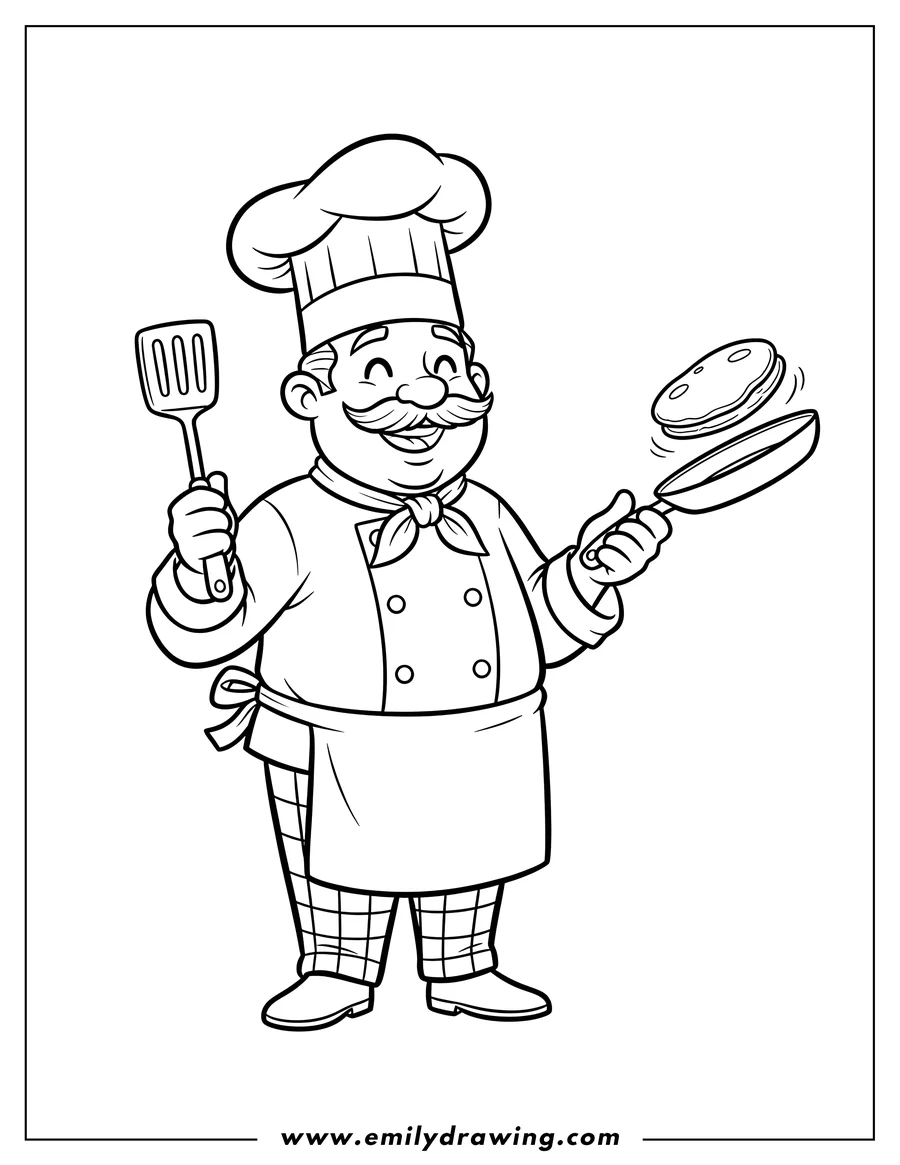 Free to print drawing of community Helpers Chef Flashcard, a smiling chef holding a spatula and frying pan
