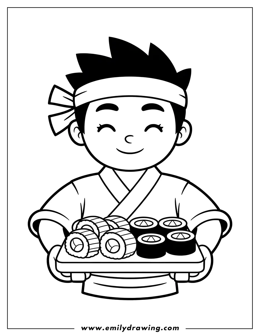 Outline of a smiling chef wearing a headband and uniform, holding a rectangular wooden plate filled with various types of sushi.