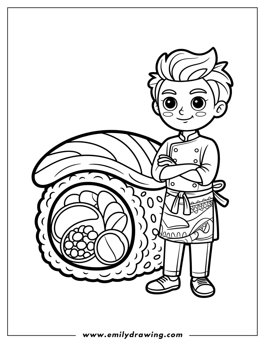 Line art of a cartoon boy chef standing next to a large sushi roll with various fillings