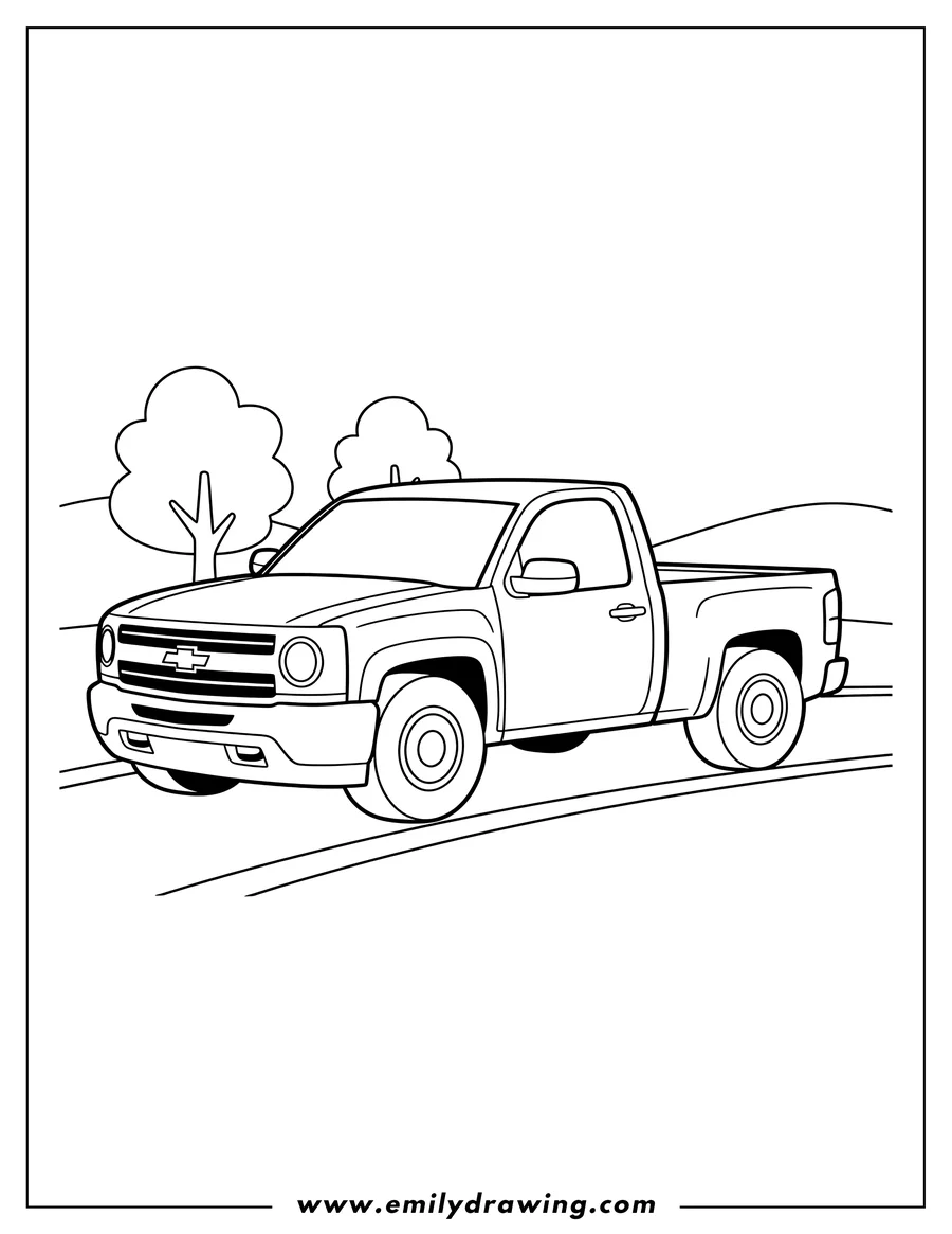 Vector style outline of chevrolet Silverado Pickup Truck driving on a road