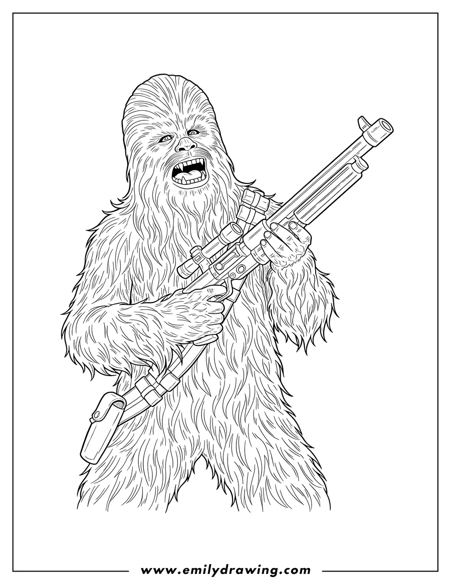 Free to print drawing of chewbacca Holding Blaster Rifle, with mouth open and wearing his bandolier