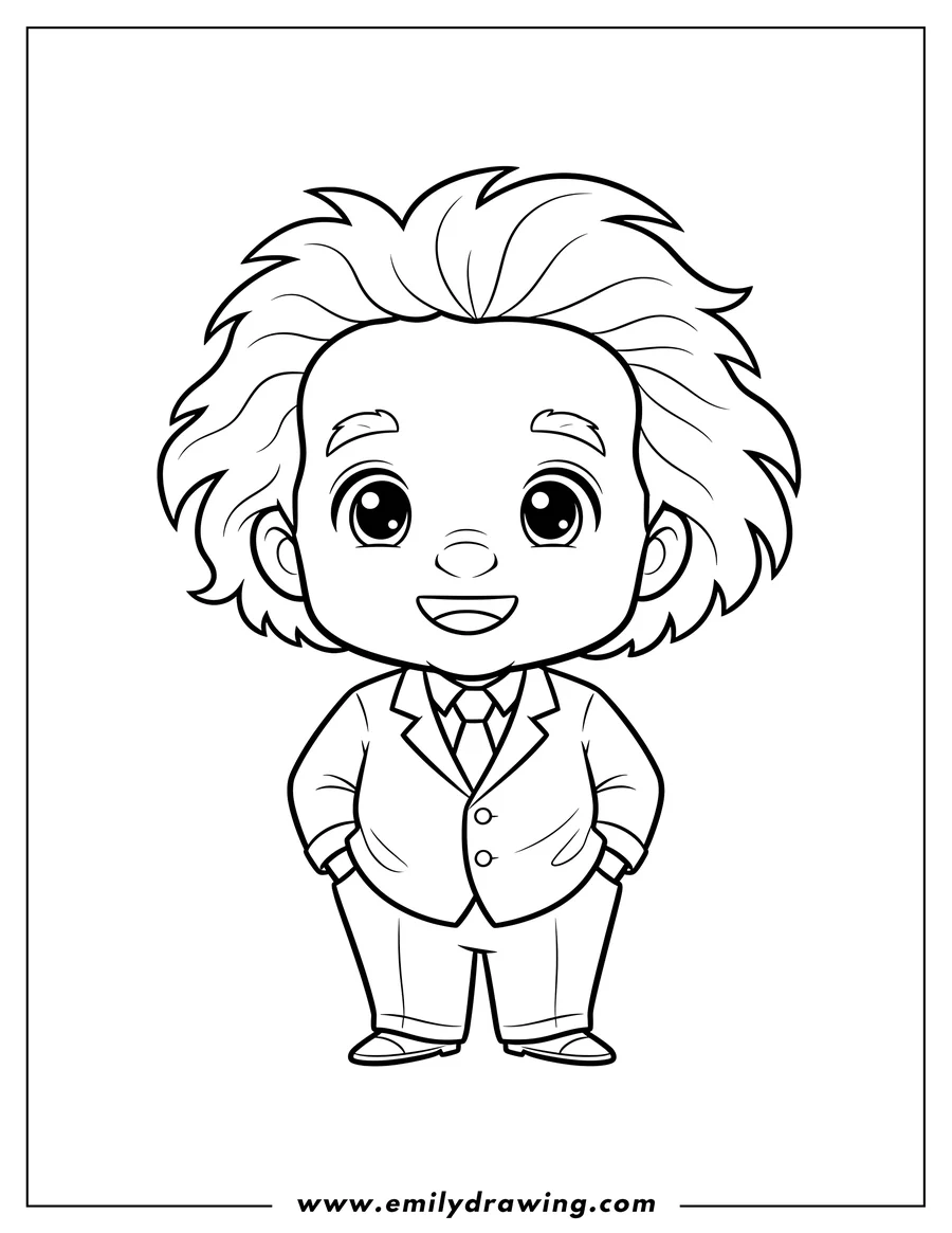 Downloadable coloring page of chibi Albert Einstein wearing a suit and tie, smiling, with hands in pockets