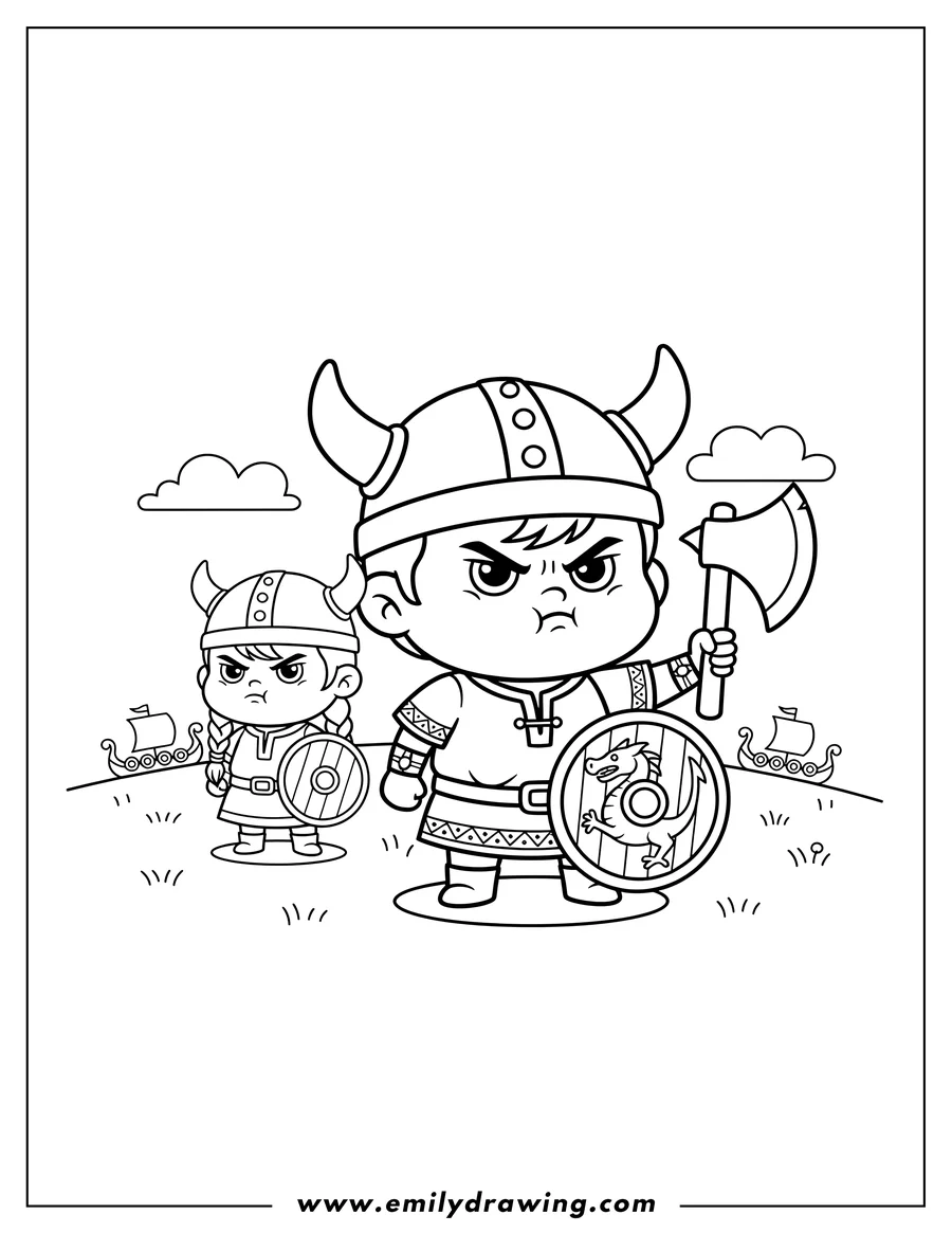 Outline drawing of chibi Angry Viking Preschoolers holding a shield and an axe