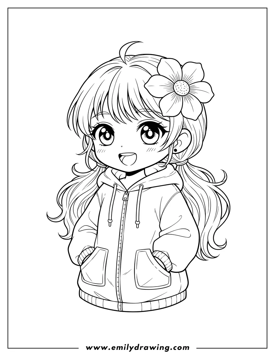 Printable coloring page of chibi Anime Girl With Flower Her Hair, smiling and wearing a jacket