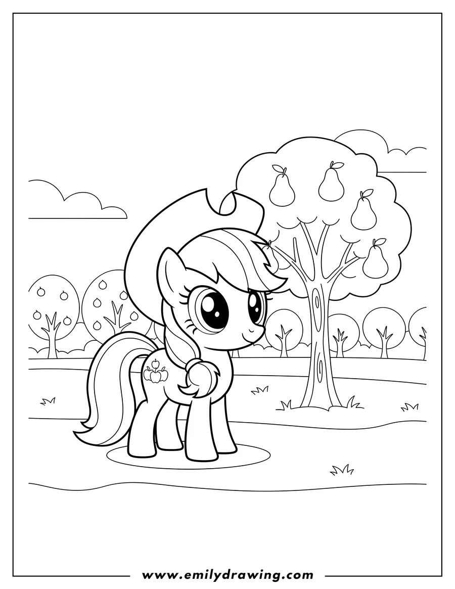 Printable line art of chibi Applejack standing with an apple cutie mark by a pear tree in an orchard, for preschoolers